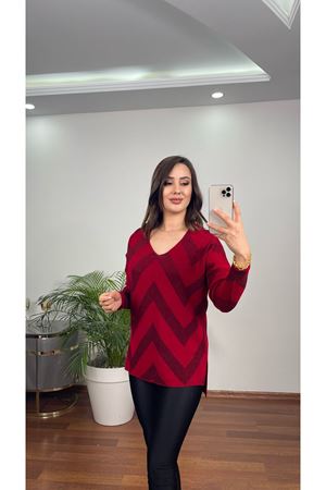 ZİKZAK DESEN SİMLİ TRİKO-KIRMIZI