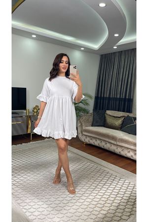 ETEĞİ KOLLARI FIRFIRLI ELBİSE-BEYAZ