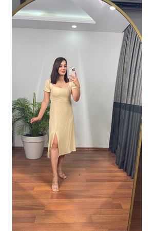 SIRT DEKOLTELİ ELBİSE-BEJ