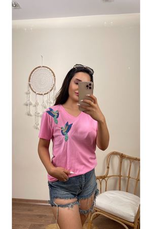 PAYETLİ KUŞ DESEN TSHIRT- PEMBE