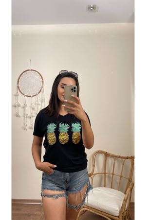 PAYETLİ ANANASLI TSHIRT- SİYAH