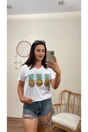 PAYETLİ ANANASLI TSHIRT- BEYAZ