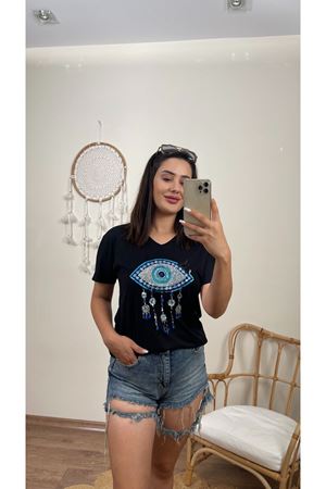 PAYETLİ GÖZ DESEN TSHIRT- SİYAH