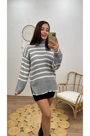 boğazlı çizgili kazak- gri