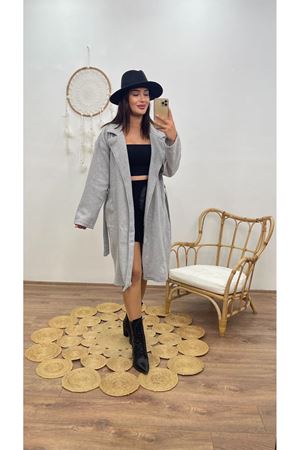 kuşaklı uzun kaban -gri