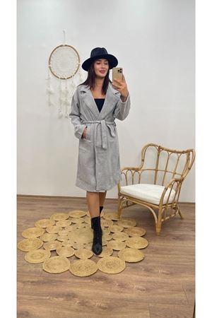 kuşaklı uzun kaban -gri