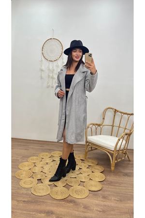 kuşaklı uzun kaban -gri