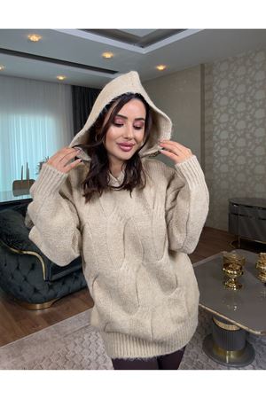  DİLVİN KAPŞONLU SAÇ ÖRGÜ OVERSİZE KAZAK-BEJ