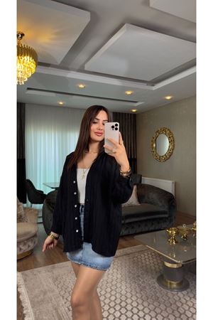 oversize keten gömlek-siyah