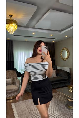 Madonna yaka çizgili bluz-beyaz