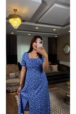 kare yaka çiçekli viskon elbise-mavi