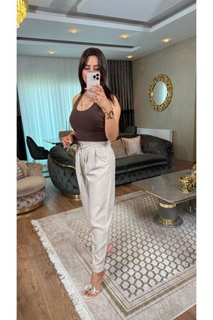 çift pensli pantolon-koyu krem