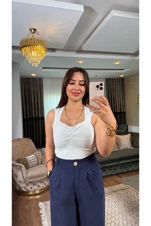 dilvin büzgü detaylı triko bluz-beyaz