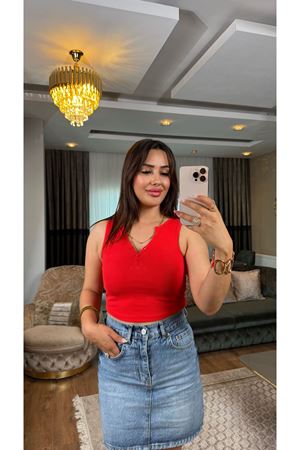 dilvin düğmeli fitilli crop-kırmızı