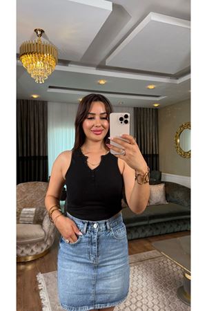 dilvin düğmeli fitilli crop-siyah