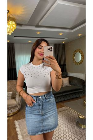 dilvin parlak taşlı fitilli crop-beyaz