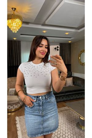 dilvin parlak taşlı fitilli crop-beyaz