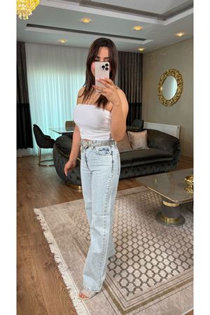 straight taşlı pantolon-buzmavi