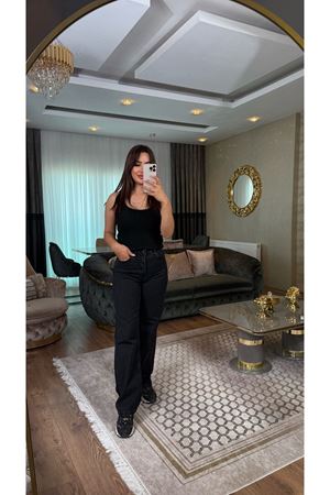 straight taşlı pantolon-siyah