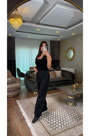 straight taşlı pantolon-siyah