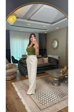 arka kemer lastikli ayrobin pantolon-krem