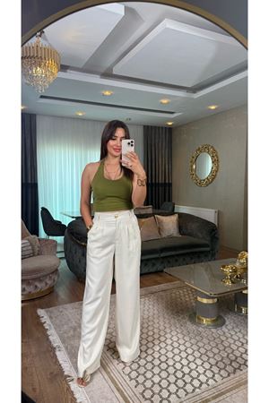 arka kemer lastikli ayrobin pantolon-krem