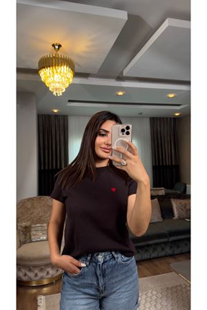 dilvin kalp nakışlı tişört-koyu kahve