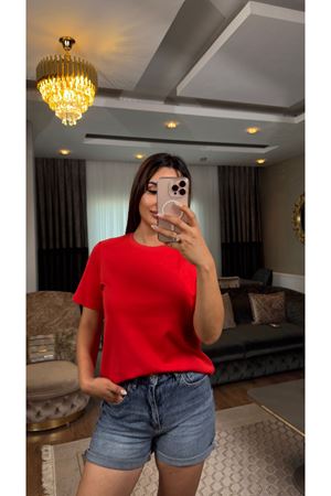 dilvin bisiklet yaka basic tişört-kırmızı