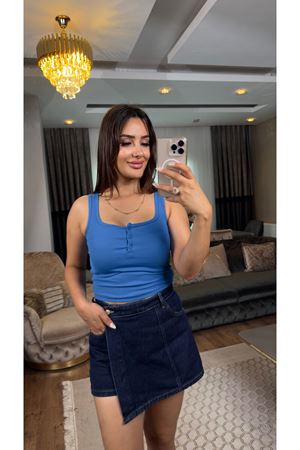 dilvin düğmeli kare yaka crop-mavi