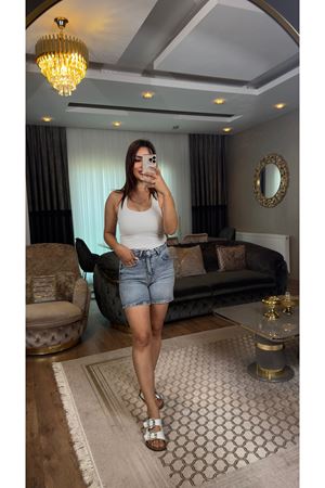 zr taşlı likralı kot şort-mavi