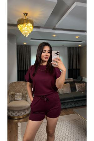 pamuklu şortlu takım-bordo