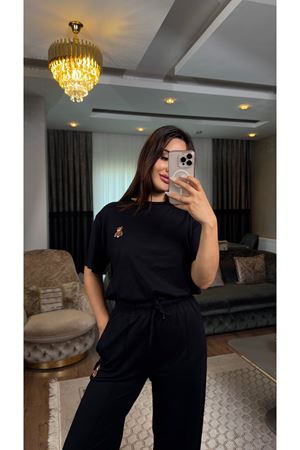 ayıcık desenli eşofman takımı-siyah