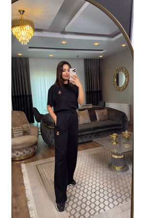 ayıcık desenli eşofman takımı-siyah