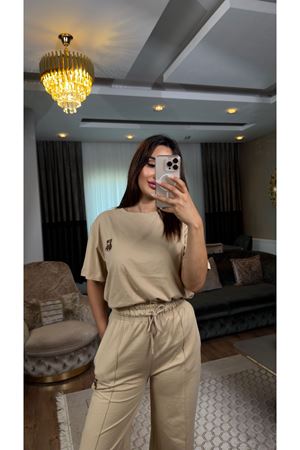 ayıcık desenli eşofman takımı-bej