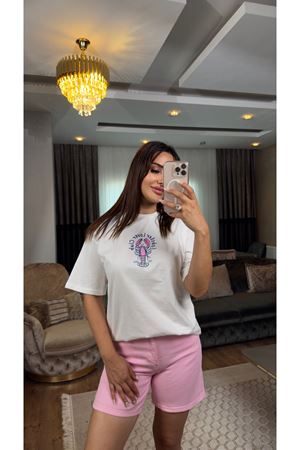 Quzu baskılı basic tişört-beyaz