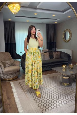 çiçekli pileli beli lastikli etek-sarı