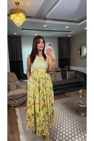 çiçekli pileli beli lastikli etek-sarı