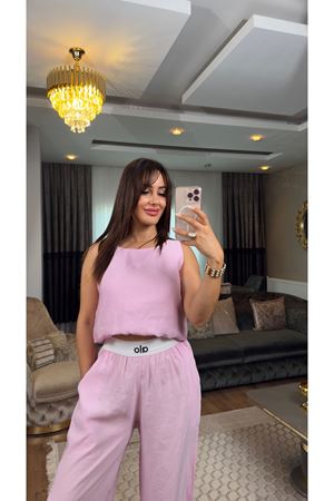 beli lastikli alo işlemeli ikili takım-pembe