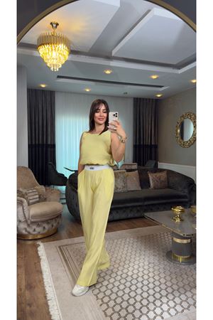 beli lastikli alo işlemeli ikili takım-butter sarı