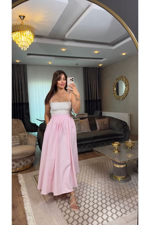 cepli bel lastikli poplin etek-pembe