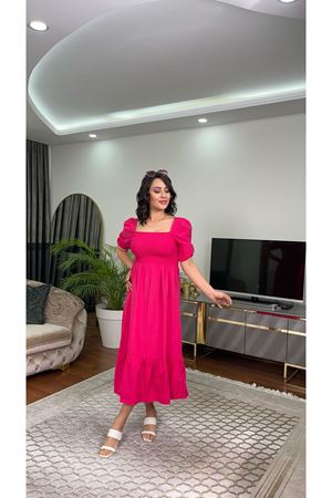 MİDİ GİPELİ ELBİSE-FUŞYA
