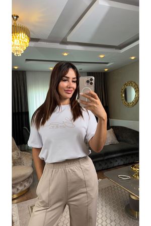 Baskılı pamuklu eşofman takımı-bej