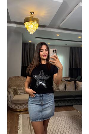 payet yıldız işlemeli tişört-siyah