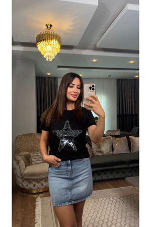 payet yıldız işlemeli tişört-siyah