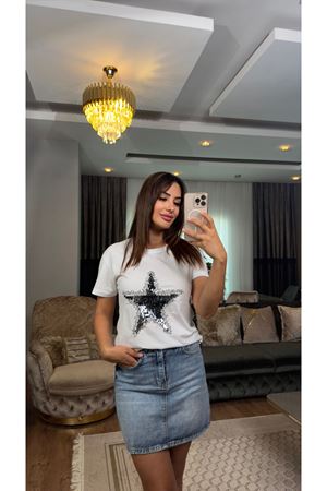 payet yıldız işlemeli tişört-beyaz