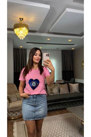 kalp göz işlemeli tişört-pembe