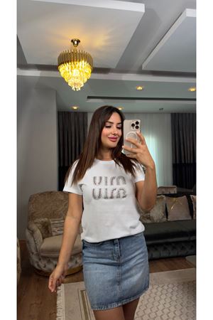 miu miu taş işlemeli tişört-beyaz