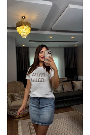 miu miu taş işlemeli tişört-beyaz