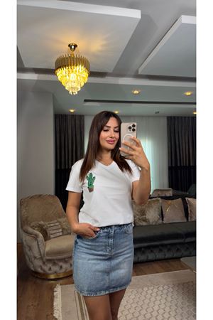 kaktüs işlemeli tişört-beyaz