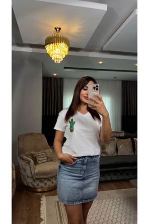 kaktüs işlemeli tişört-beyaz